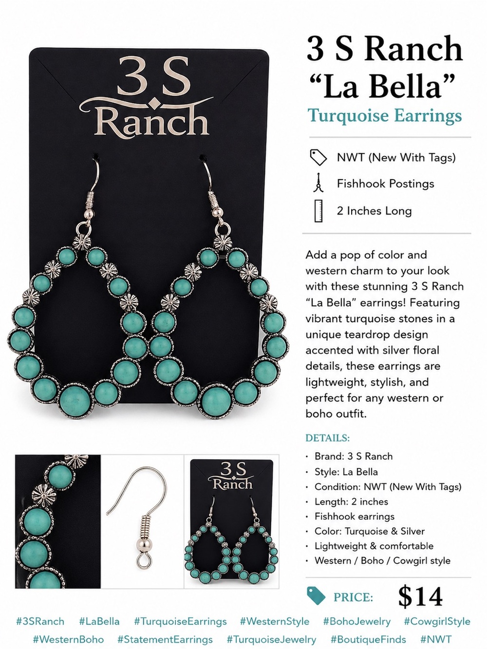 3 S Ranch Turquoise “La Bella” earrings NWT